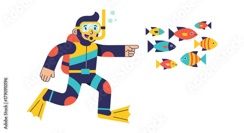 Diver Explores Marine Life and Points Towards a School of Colorful, Playful Fish In Ocean