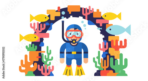 Diver Explores Marine Life Surrounded By Colorful Coral And Swimming Fish