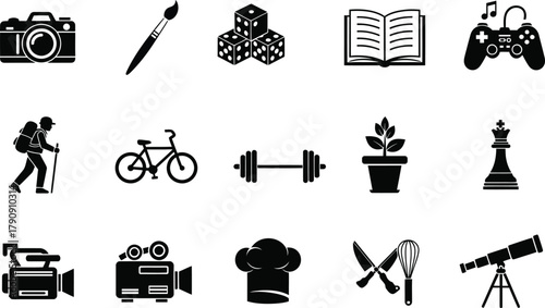 Collection of diverse hobby and leisure activity icons representing photography art gaming reading cycling fitness gardening chess and more