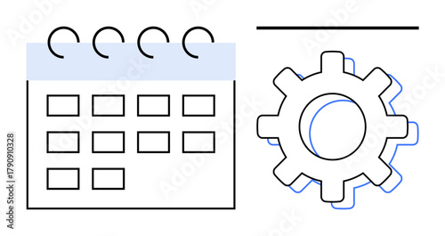 Calendar with spiral binding and gear side by side emphasizing planning, time management, and process improvement. Ideal for productivity, workflow, scheduling, system integration, project