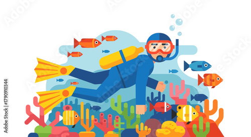 Diver Explores Marine Life Underwater, Surrounded by Colorful Coral Reefs and Fish