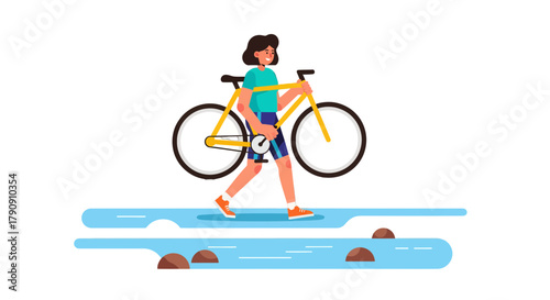Cyclist Walking With Bicycle Across Water, Concept Illustrating Overcoming Obstacles.