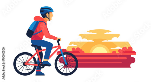 Cyclist With Bicycles Riding At Sunset, Colorful Illustration and Vector Design