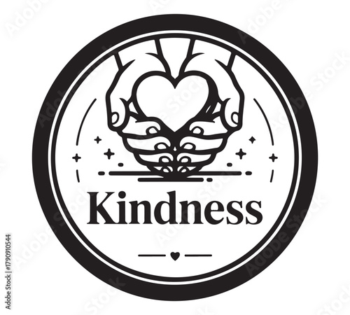 Kindness concept with heart and hands in a circular black and white logo design