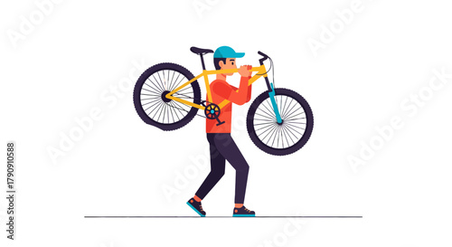 Cyclist With Mountain Bike On Shoulder, Ready For Adventure In Animated Style