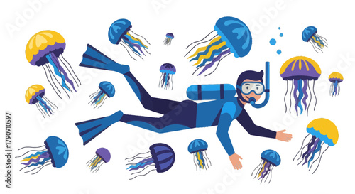 Diver Explores Underwater World Surrounded By A Swarm Of Colorful Jellyfish