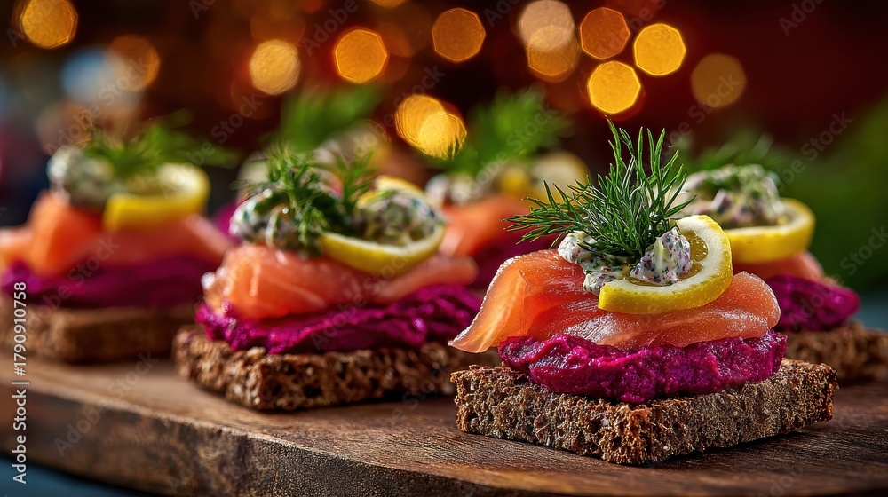 Naklejka premium elegant scandinavian canapes with salmon beetroot cream dill lemon on rye bread festive bokeh refined nordic christmas appetizer sophisticated holiday bite vibe