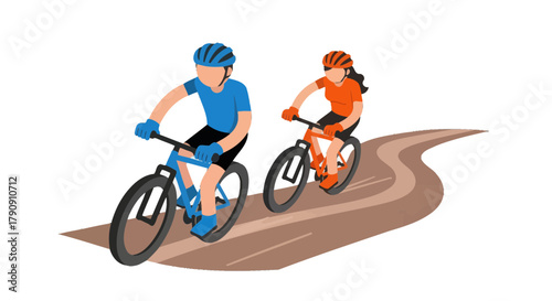 Cyclists Adventure Along Winding Trail On Mountain Bikes In Vibrant Color Scheme Presentation
