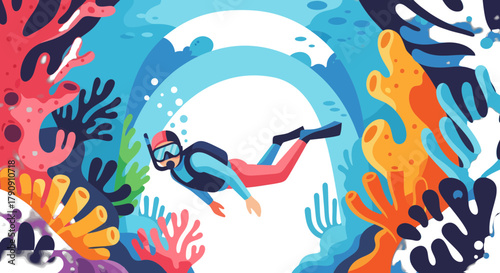 Diver Explores Underwater World Surrounded By Vivid Coral And Azure Waters