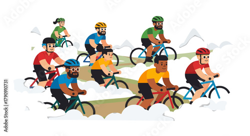 Cyclists Adventure: Group Of People On Bicycles, Mountain Trail Ride Fun Experience