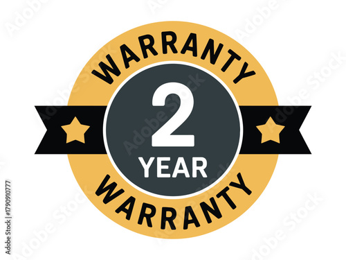 A prominent circular graphic displays '2 YEAR WARRANTY' in bold white lettering against a dark gray background, encircled by a golden yellow band with 'WARRANTY' written in black, and accented with a