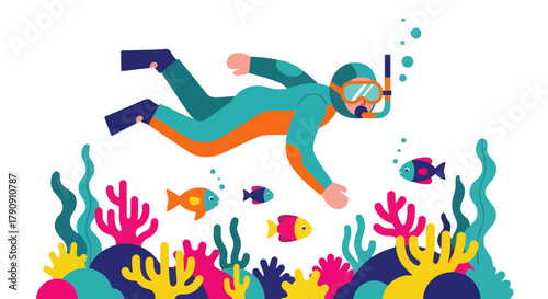 Diver Explores Underwater World With Colorful Fish And Vibrant Coral Reefs