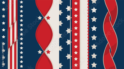 Vertical patriotic stripes and wavy ribbons in red white and blue with stars creating a festive american holiday celebration silhouette