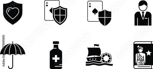 Collection of black and white icons representing insurance health protection and security concepts