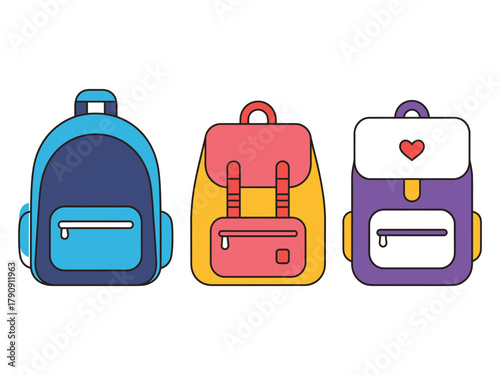 Three colorful backpacks are displayed side-by-side against a white background, representing school supplies and everyday carry items.