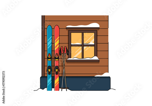 Ski equipment outside a wooden mountain cabin. Winter sports and vacation concept. Flat design vector illustration