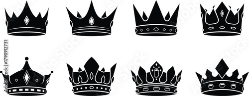 Collection of eight ornate black silhouette royal crowns and regal headdresses on a white background