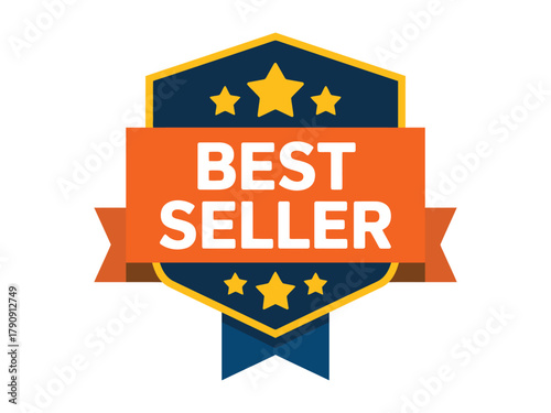 A graphic illustration of a blue and orange best seller badge with three stars at the top and bottom, signifying top product achievement and commercial success.