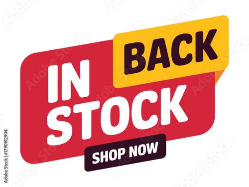 A bright red and yellow "In Stock" sign with a "Shop Now" button is prominently displayed against a white background, indicating product availability and encouraging immediate purchase.