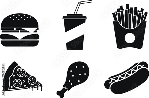 Collection of black silhouette icons representing popular fast food items including a burger soda fries pizza chicken leg and hot dog