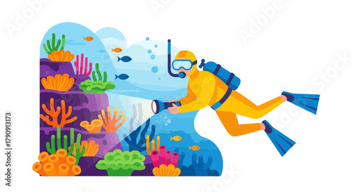 Diver Exploring The Coral Reef Depths And Discovering Hidden Underwater Worlds