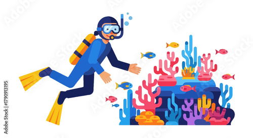 Diver Exploring The Coral Reef Habitat With Colorful Fish Underwater Activities