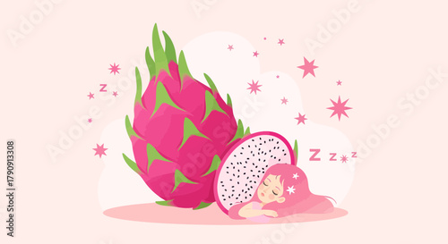 Dreamy Dragon Fruit Illustration Featuring A Sleeping Character With Star Decorations