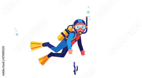 Diver Exploring The Depths With Equipment And Bubble Illustration On Black Background