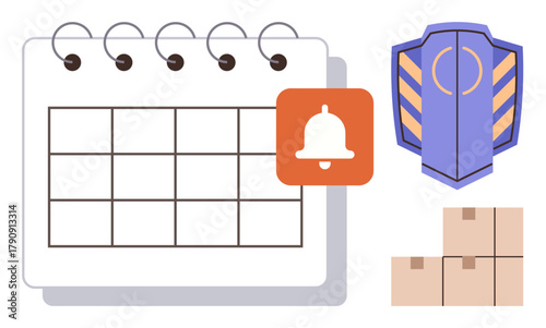 Calendar with orange reminder bell, shield icon, and stacked boxes. Ideal for scheduling, safety, logistics, time management, organization reminders data protection. Simplified flat metaphor