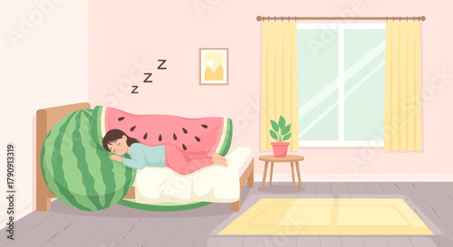 Dreamy Repose: A Woman Enveloped In Watermelon Dreams Amidst Cozy Comfort