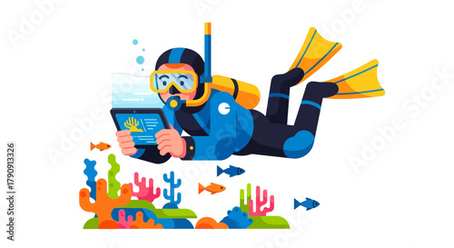 Diver Exploring The Ocean Depths And Viewing Tablet in Underwater Environment