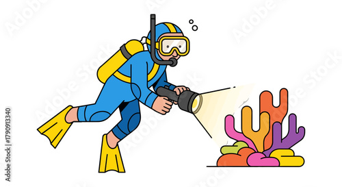 Diver Exploring The Reef, Underwater Adventure in Colorful Illustrated Environment
