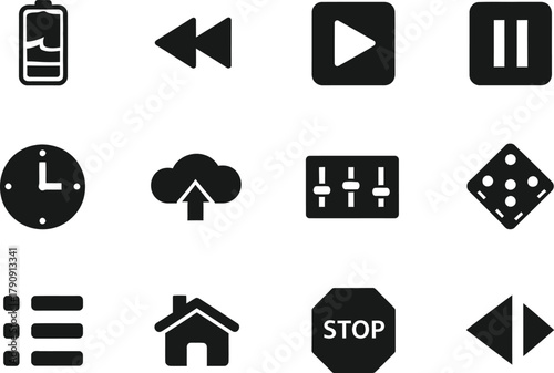 Collection of twelve black and white vector icons representing common digital functions and symbols