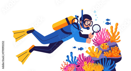 Diver Exploring The Seabed With Fins And Magnifying Glass Amidst Coral Reef