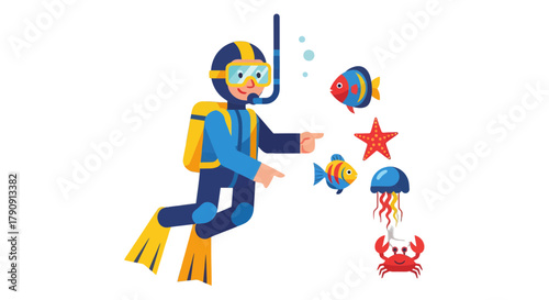 Diver Exploring The Ocean Depths With Wonderful Marine Creatures, Artistic Illustration