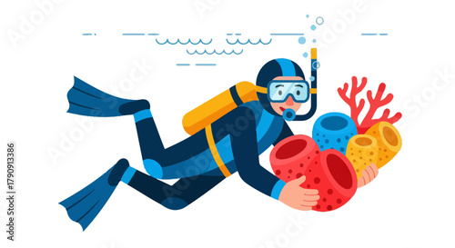 Diver Exploring The Oceans' Depths With Vibrant Coral Collection In The Abyss