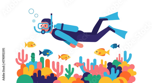 Diver Exploring The Underwater World With Colorful Corals And Tropical Fish