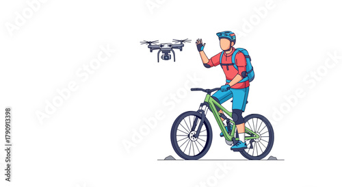 Drone Operator and Biker Waving Hello from Mountain Bike Adventure Illustration