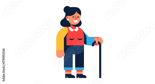 Elderly Woman With Cane: Colorful Illustration Of A Smiling Senior Citizen