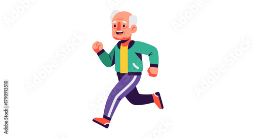 Elderly Man Jogging In Activewear Depicted In A Flat Cartoon Illustration Style