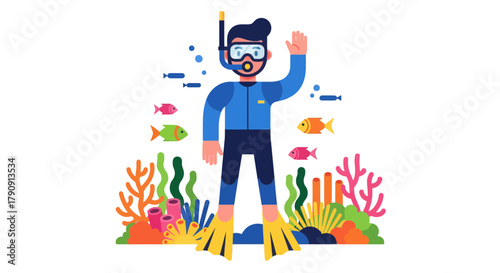 Diver Exploring Underwater World With Colorful Corals And Tropical Fish Illustration