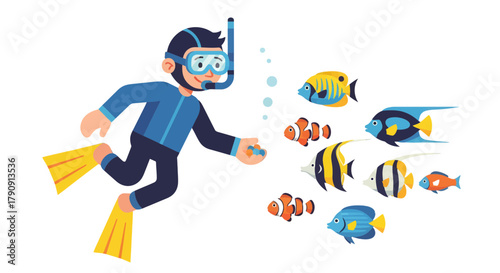 Diver Exploring Underwater World With Colorful Fish and Aquatic Animals