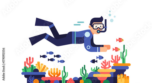 Diver Exploring Underwater World With Coral Reef And Fish In The Deep Ocean