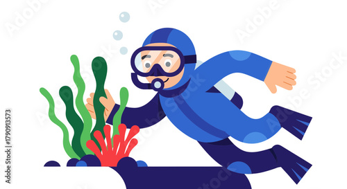 Diver Exploring Underwater World With Colorful Seaweed and Bubbles in the Deep Ocean