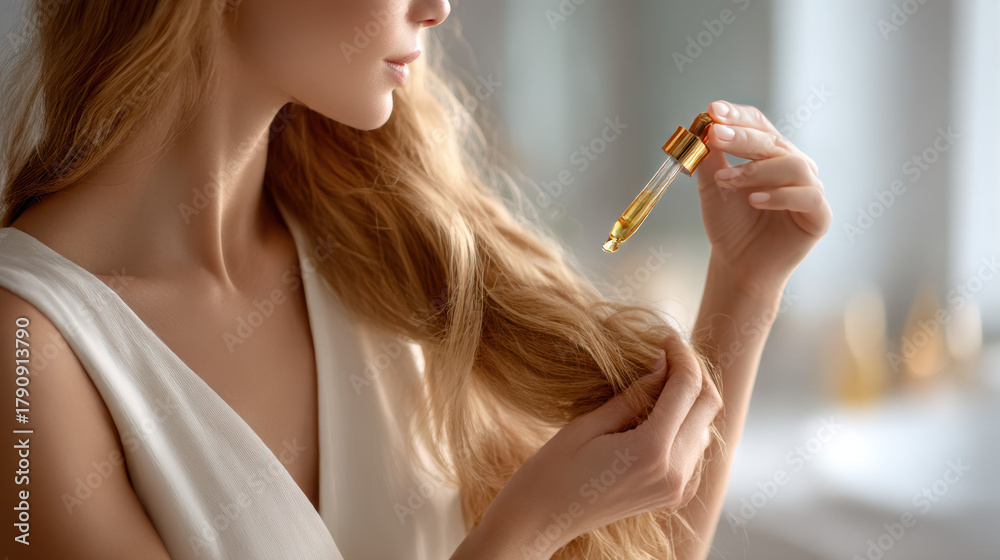 Obraz premium A woman applies nourishing hair oil with a glass dropper to sunlit blonde strands. The silky serum coats the ends, promising shine, repair, and frizz control.