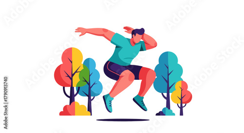 Energetic Athlete in Mid-Air Performing a Powerful Jump in a Nature-Themed Scene