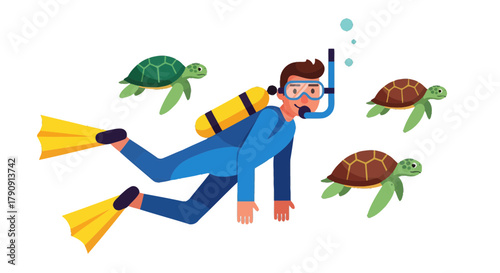 Diver Exploring Underwater World With Sea Turtles In Black Environment