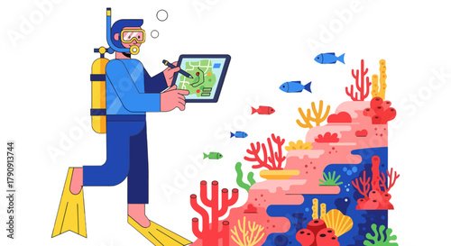 Diver Exploring Underwater World with Tablet and Map of Marine Life Location