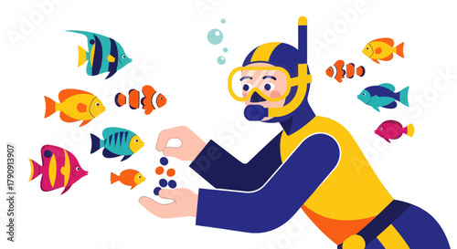 Diver Interacting With Colorful Fish in a Deep Sea Environment Vector Illustration