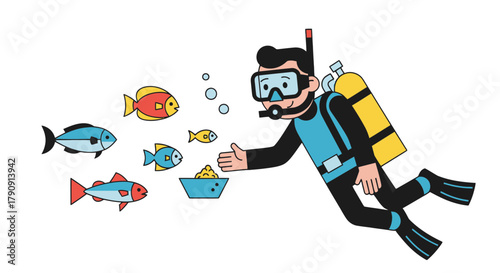 Diver Interacting With Fish In The Ocean With Food And Oxygen Tank In Illustration